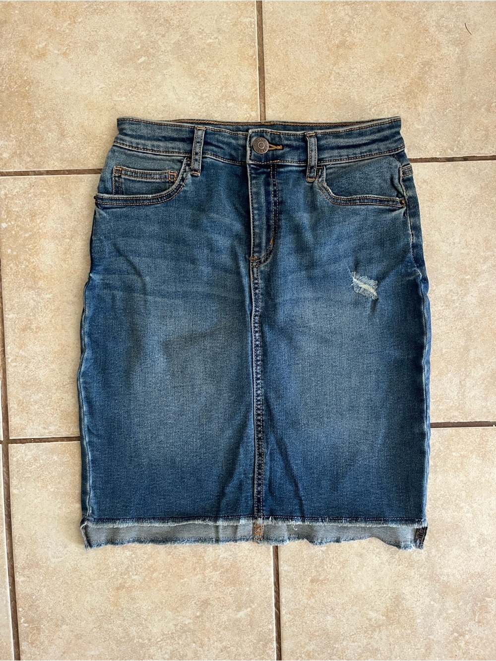 Stretch Denim Pencil Skirt in Medium Blue